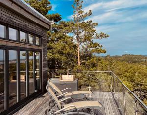 a deck with a grill on top of a house at Brand new beautiful cabin view Wifi Sonos system in Larvik