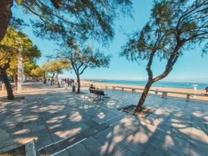 a park with a bench and trees on the beach at Appartement vue bassin 2 chambres in Arcachon
