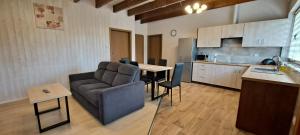 a kitchen and a living room with a couch and a table at Apartament Nad Stawem in Powidz