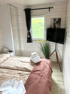 a bedroom with two beds and a flat screen tv at Exklusives Ferienhaus Rybak mit Boxspringbetten direkt am Steinhuder Meer in Wunstorf