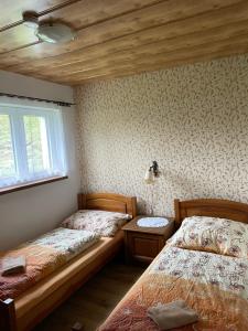 um quarto com 2 camas e uma janela em Apartments Ve dvoře em Velké Karlovice