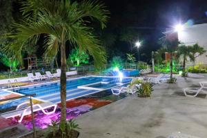 einen Swimmingpool mit Palme in der Nacht in der Unterkunft Hotel Inversiones Napoles in Doradal