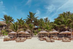 a beach with chairs and umbrellas and palm trees at Dos Ceibas Tulum Feel Good Hotel in Tulum