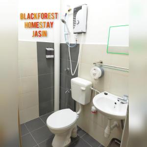 La salle de bains est pourvue de toilettes blanches et d'un lavabo. dans l'établissement HOMESTAY JASIN BLACKFOREST, à Jasin