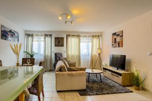ein Wohnzimmer mit einem Sofa und einem TV in der Unterkunft 15 Rhône beau T2 avec parking gratuit in Annecy