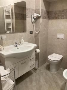 W łazience znajduje się umywalka, toaleta i lustro. w obiekcie A CASA DI ROSY w mieście Campobasso