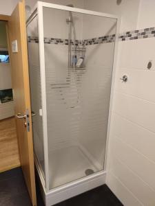 a shower with a glass door in a bathroom at Naturnah in Hellenthal in Hellenthal +19 photos