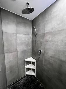 uma cabina de duche com uma prateleira e uma cabeça de chuveiro em Apartments Wile Süd em Viena