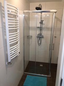 een douche met een glazen deur in de badkamer bij Charmante Ferienwohnungen auf Reitstall Wasserburg Anstel - ein Ort zum Wohlfühlen und Entspannen in Rommerskirchen
