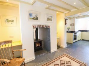 a living room with a fireplace and a kitchen at Tan Y Ddol in Welshpool