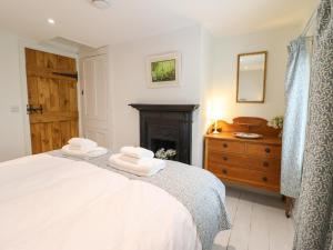 a bedroom with a bed and a dresser and a fireplace at Tan Y Ddol in Welshpool