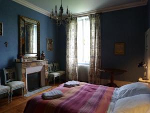 1 dormitorio azul con 1 cama y chimenea en Domaine de Cremens, 