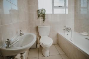 a bathroom with a toilet and a tub and a sink at Aloha Lodge in Stilbaai
