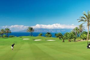a man is playing golf on a golf course at Beautiful chalet with wifi and free parking in Arona