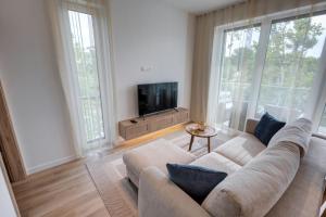 Loulou Apartman - Balatonboglár في بالاتونبوغلار: غرفة معيشة مع أريكة وتلفزيون بشاشة مسطحة