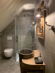 a bathroom with a sink and a shower with a tub at Lindenhof & Guesthouse in Garderen