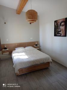1 dormitorio con cama y lámpara de araña en Agréable appartement au calme en Villeneuve