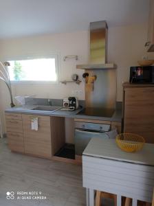 uma cozinha com um lavatório e uma bancada em Agréable appartement au calme em Villeneuve