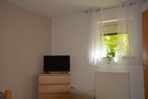 a living room with a television and a window at Ferienwohnung Christina in Ursensollen