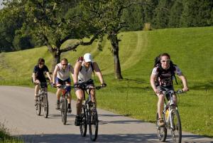 eine Gruppe von Menschen, die mit dem Fahrrad eine Straße entlangfahren in der Unterkunft Moselstern Hotel Brixiade &Triton in Cochem