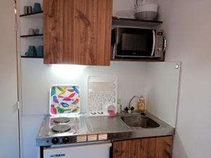 una pequeña cocina con fregadero y microondas en Studio Châtel, 1 pièce, 4 personnes - FR-1-198-192 en Châtel