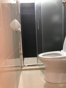 La salle de bains est pourvue de toilettes et d'une douche en verre. dans l'établissement 3BR 70sqm Free internet, Penthouse unit in Ermita, Manila near US Embassy, à Manille