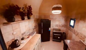 - une cuisine avec un réfrigérateur noir dans la chambre dans l'établissement Lemon tree villa, à Tunis