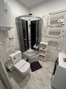 a bathroom with a toilet and a glass shower at London Apartments - Free parking in Katowice