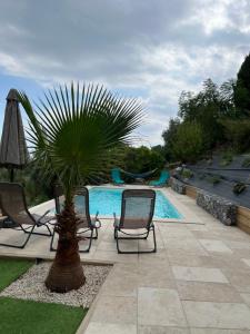 una piscina con 2 sillas y una palmera en un patio en SUPERBE HAUT DE VILLA AVEC VUE SUR LA MER, en Vence