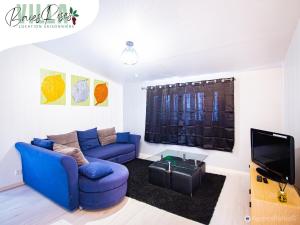 a living room with a blue couch and a tv at Villa Baies Roses - Piscine chauffée Ile de la Réunion in Le Tampon
