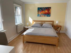 1 dormitorio con 1 cama y una pintura en la pared en große Wohnung zentral gelegen, en Neubrandenburg