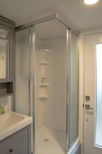 La salle de bains est pourvue d'une douche et d'un lavabo. dans l'établissement Tiny House Big View, à Chilliwack