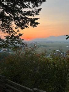a view of a sunset from a hill with a bench at Tiny House Big View in Chilliwack