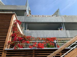 a balcony with red flowers on a building at SARA RIVIERA Costa Plana in Cap d'Ail
