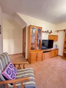 a living room with a couch and a tv at LaFrenchTouch - Escapada rural en una coqueta casa in Villanueva de Tapia