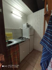 a small kitchen with a sink and a refrigerator at Bakoulélé en Guadeloupe in Bouillante