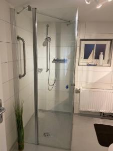 a shower with a glass door in a bathroom at Das Atelier in Krummhörn