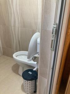 a bathroom with a toilet and a trash can at Bujtina Arturi in Valbonë