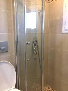 a shower with a glass door next to a toilet at Emerald Mini Suite:Your deluxe studio in Kalamaria in Thessaloniki