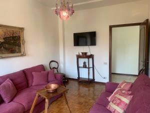 un soggiorno con divani viola e TV di Il Loggiato a Castelfranco Veneto