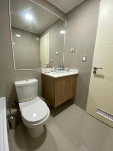 ein Badezimmer mit Toilette, Waschbecken und Spiegel in der Unterkunft Departamento en Villarrica a pasos del Lago in Villarrica