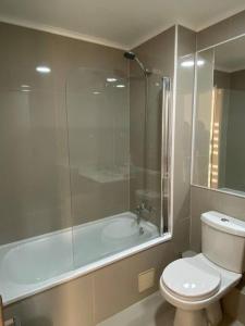 ein Badezimmer mit einer Dusche, einem WC und einer Badewanne in der Unterkunft Departamento en Villarrica a pasos del Lago in Villarrica + 4 Fotos