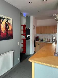 eine Küche mit einer Theke und einem Gemälde an der Wand in der Unterkunft Ferienunterkunft mit 4 Doppelzimmern in Einbeck!! in Einbeck