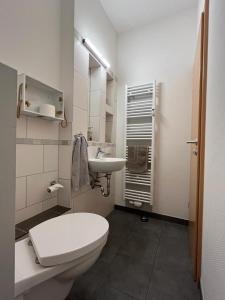 ein weißes Bad mit einem WC und einem Waschbecken in der Unterkunft Ferienunterkunft mit 4 Doppelzimmern in Einbeck!! in Einbeck