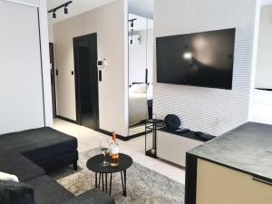 sala de estar con sofá y TV en URBAN APARTMENTS PREMIUM DOWNTOWN Opolska 10 No 89 with GARAGE en Katowice