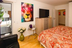 1 dormitorio con cama y vestidor con TV en Modernes und gemütliches Designerzimmer, en Langensteinbach