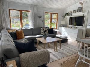 een woonkamer met een bank en een tafel bij Holiday home VäTö IV in Harg
