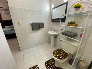 La salle de bains est pourvue de toilettes et d'un lavabo. dans l'établissement Casa Corona Plaza, à Santiago de los Caballeros