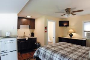 a kitchen with a bed and a sink in a room at Maple Leaf Lodge in Schroon Lake