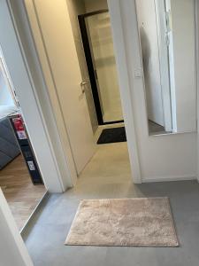 einen Flur mit einem Teppich und einer Tür mit einem Spiegel in der Unterkunft LevelUp 3 Living Graz m. SelfCheckIn in Graz